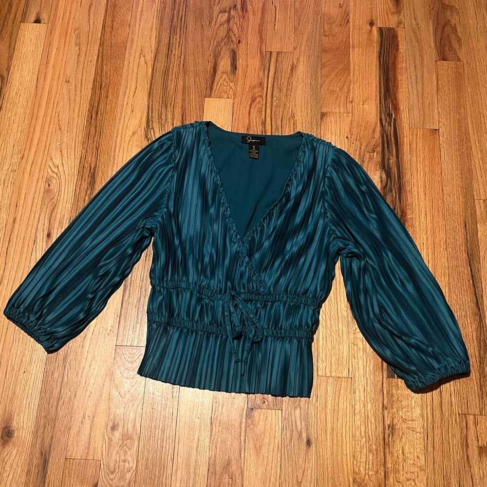 Jepna Size S Teal Pleated Wrap Blouse Tie Waist V Neck Top - Picture 2 of 6